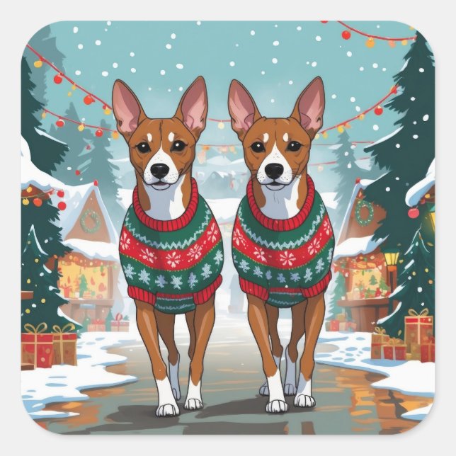 Sticker Carré Basenji Dogs Christmas Snow Holiday  (Devant)