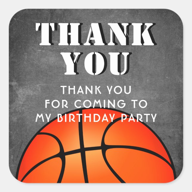 Sticker Carré Basket-ball Balle Chalkboard Anniversaire Merci (Devant)