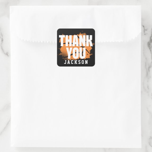 Sticker Carré Basket-ball Orange Black Merci d'anniversaire (Sac)