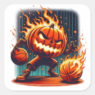 Sticker Carré Basket d'Halloween de Jack-o-Lantern à Dunking éff