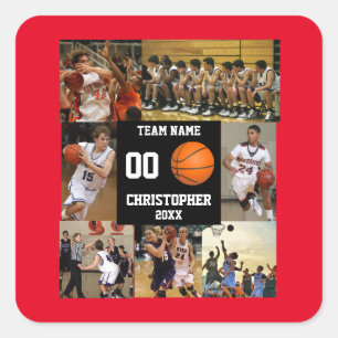 Sticker Carré Basketball 7 Photo collage Nom de l'équipe rouge