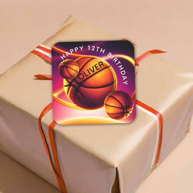Sticker Carré Basketball Ball Sports Joyeux anniversaire (Créateur téléchargé)