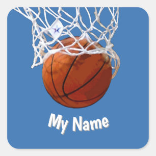 Sticker Carré Basketball Votre Nom Personnalisé Fond Acier Bleu