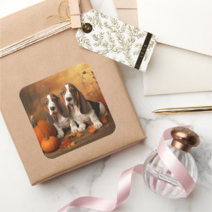 Sticker Carré Basset Hound Chiot Automne Citrouille de plaisir