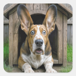 Sticker Carré Basset Hound Surpris Dans une niche