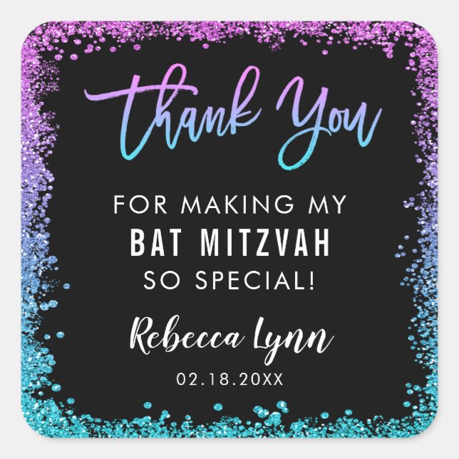 Sticker Carré Bat mitzvah de Parties scintillant Turquoise viole (Devant)