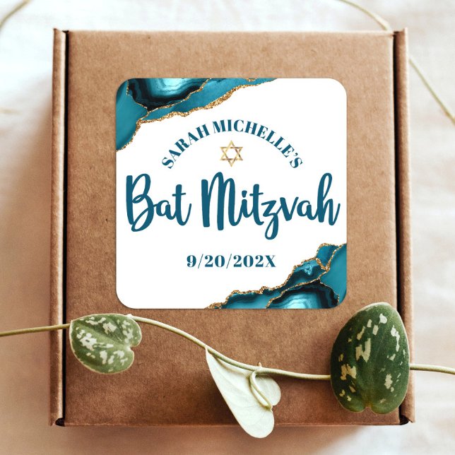 Sticker Carré Bat mitzvah Moderne Turquoise Gold Agate Script (Créateur téléchargé)