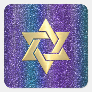 Sticker Carré Bat mitzvah Violet Turquoise Glitterie rayures N'i