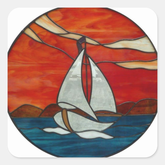 Sticker Carré Bateau à voile au coucher du soleil Design d'art e (Devant)