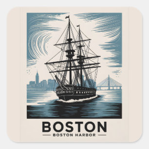 Sticker Carré Bateau de grande hauteur du port de Boston Retro V