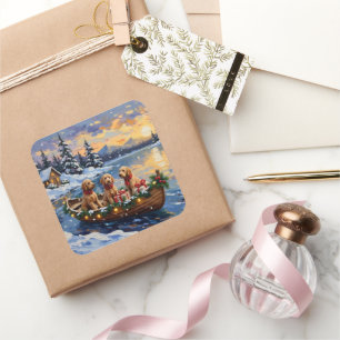 Sticker Carré Bateau de Noël Goldendoodle pour les Fêtes