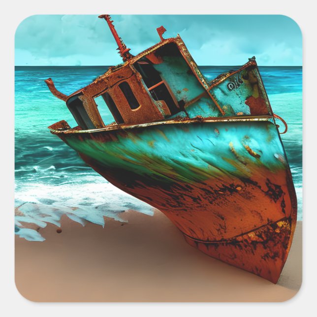 Sticker Carré Bateau déserté sur une plage de sable (Devant)