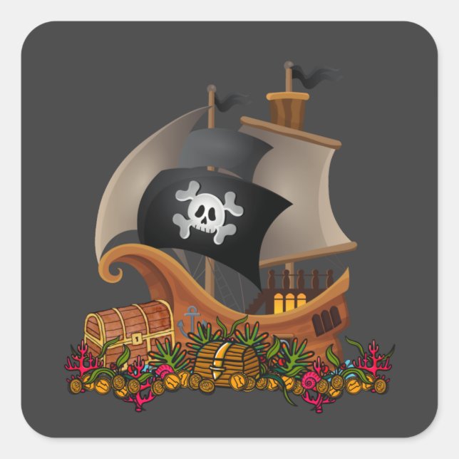 Sticker Carré Bateau Pirate Avec Trésor Cool Halloween Voile (Devant)