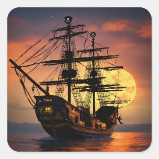 Sticker Carré Bateau Pirate Épique Silhouette Coucher de Soleil
