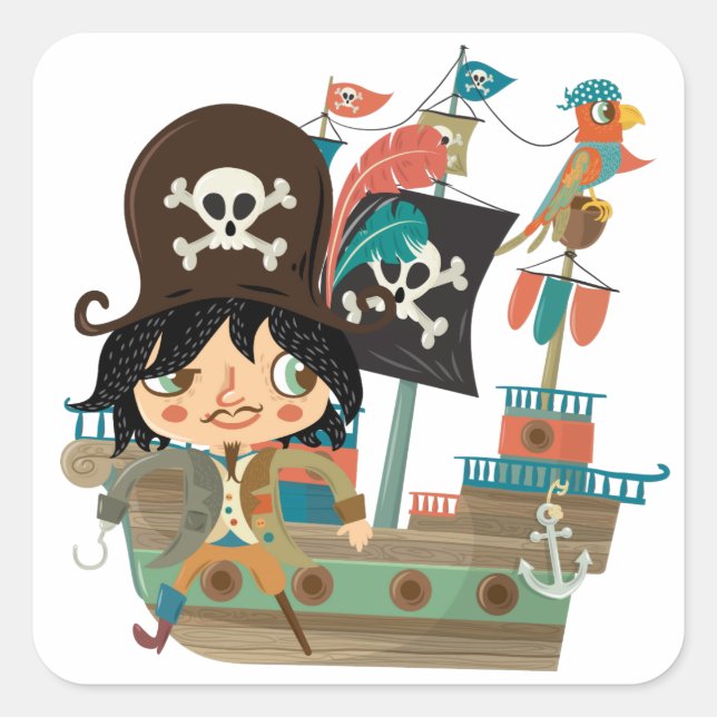 Sticker Carré Bateau pirate et pirate (Devant)