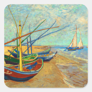 Sticker Carré Bateaux de pêche sur la plage par Vincent van Gogh
