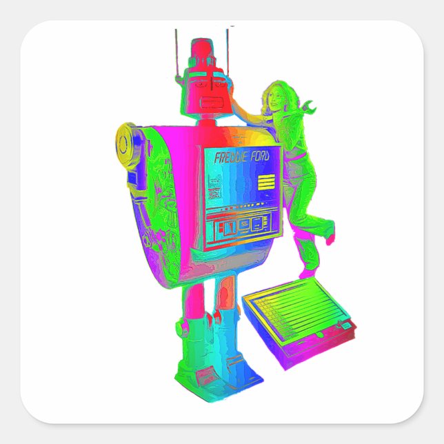 STICKER CARRÉ BÂTIMENT ROBOT RETRO. (Devant)