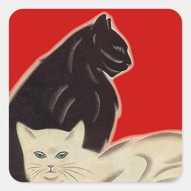 Sticker Carré BÂTIMENTS Art déco Chats blancs noirs sur rouge (Devant)