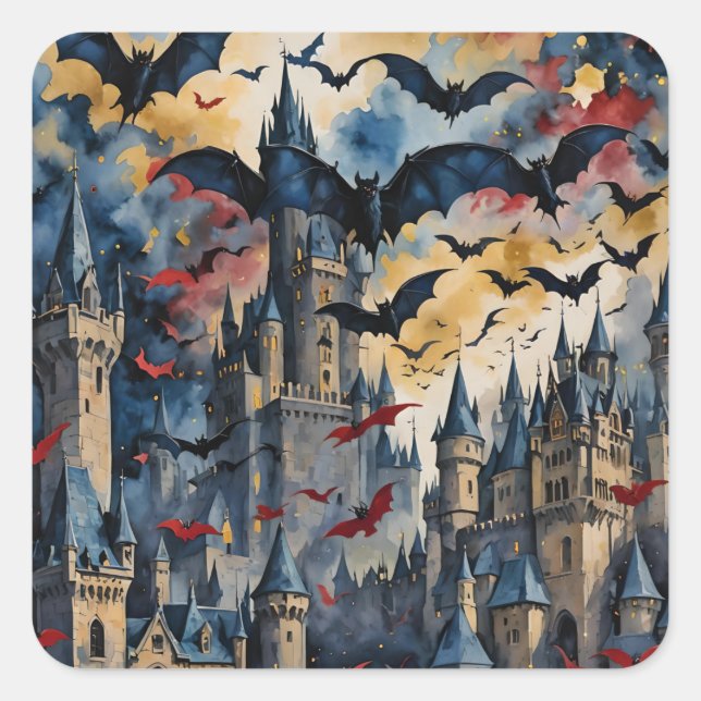 Sticker Carré Bats et châteaux Halloween  (Devant)