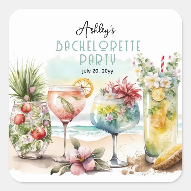 Sticker Carré Beach Tropical Cocktails à thème Bachelorette Part (Devant)