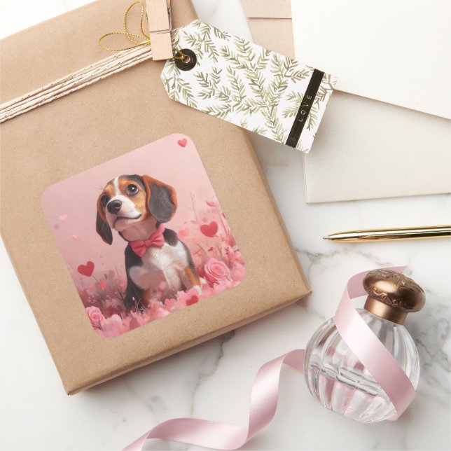 Sticker Carré Beagle avec Rose - Saint Valentin (Cadeaux)