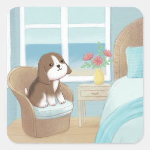 Sticker Carré Beagle dans la chambre Illustration