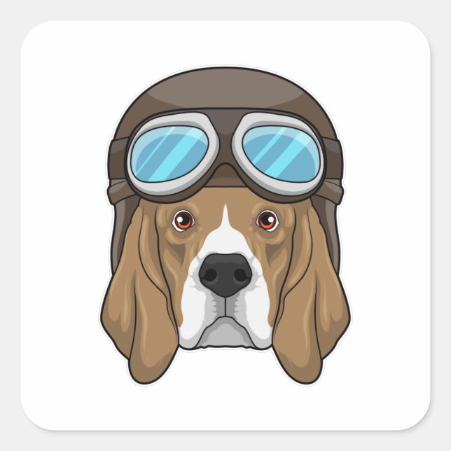 Sticker Carré Beagle en tant que pilote avec casquette pilote (Devant)