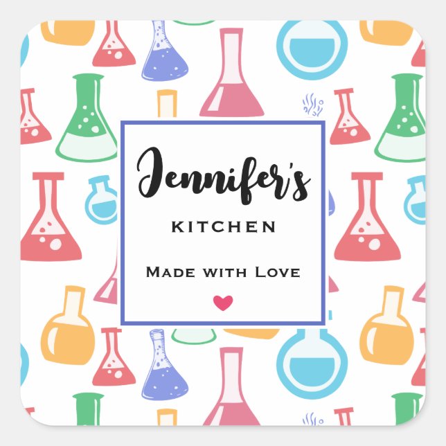 Sticker Carré Beakers et flacons Fun Science Motif Cuisine (Devant)