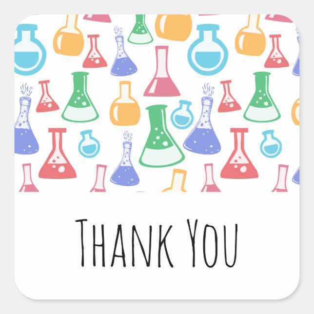 Sticker Carré Beakers et flacons Fun Science Motif Merci (Devant)