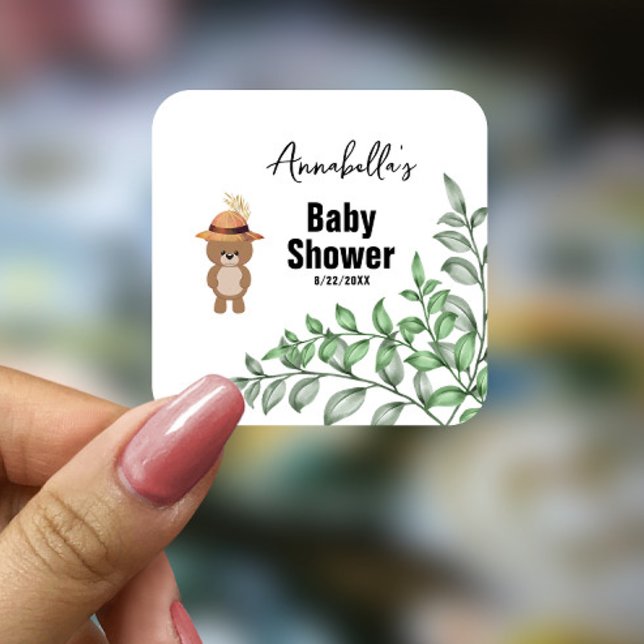 Sticker Carré Bear mignonne dans le Baby shower du bois (Créateur téléchargé)
