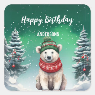 Sticker Carré Bear polaire mignonne Noël arbre anniversaire fill