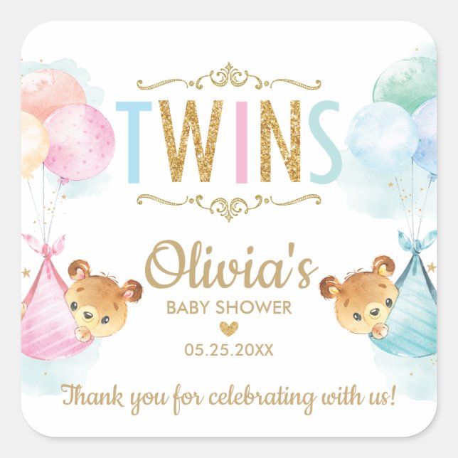 Sticker Carré Bears Twin Boy Girl Baby shower Merci Favoriser (Devant)