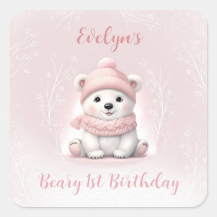 Sticker Carré Beary d'hiver 1er anniversaire Ours rose