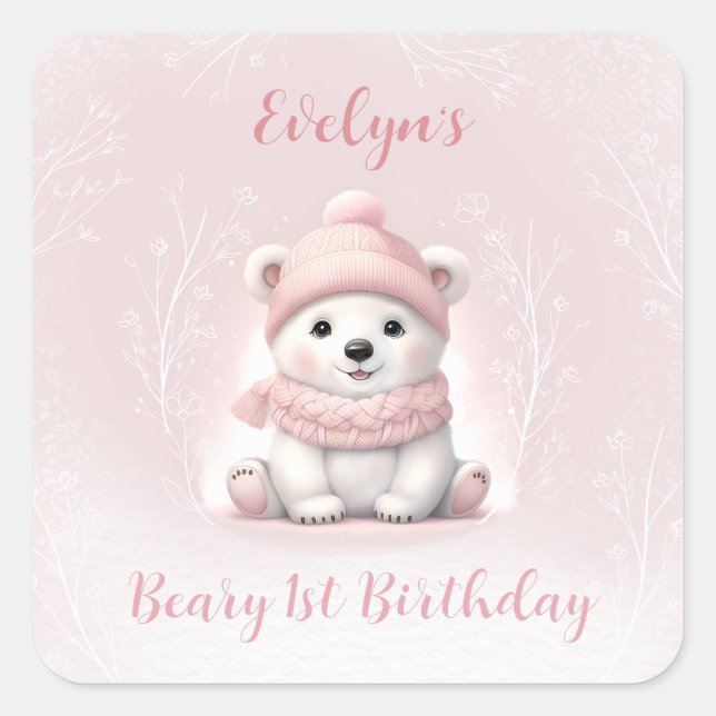 Sticker Carré Beary d'hiver 1er anniversaire Ours rose (Devant)