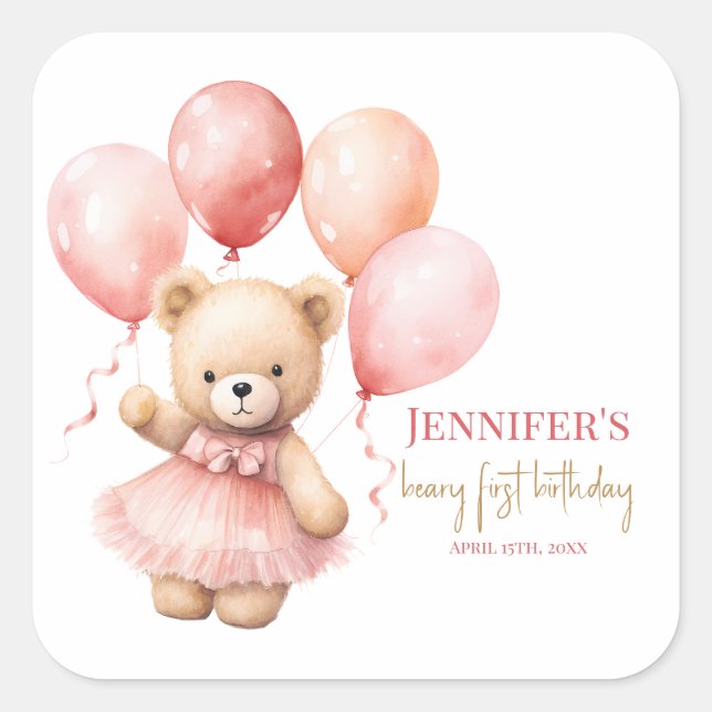 Sticker Carré Beary First Birthday Square Favor Labels Princes (Devant)