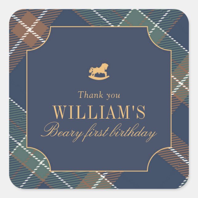Sticker Carré Beary First Navy Plaid Square  (Devant)