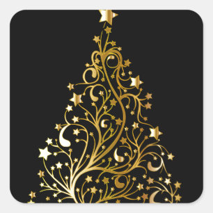 Sticker Carré Beau arbre de Noël en or métallique étoilé