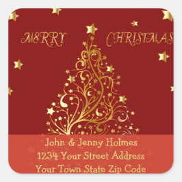 Sticker Carré Beau arbre de Noël en or métallique sur rouge fonc