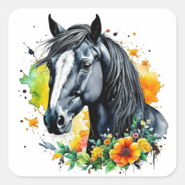 Sticker Carré Beau Cheval Noir Entouré de Fleurs Jaunes