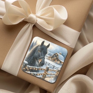 Sticker Carré Beau Cheval Noir Festif à la ferme Noël