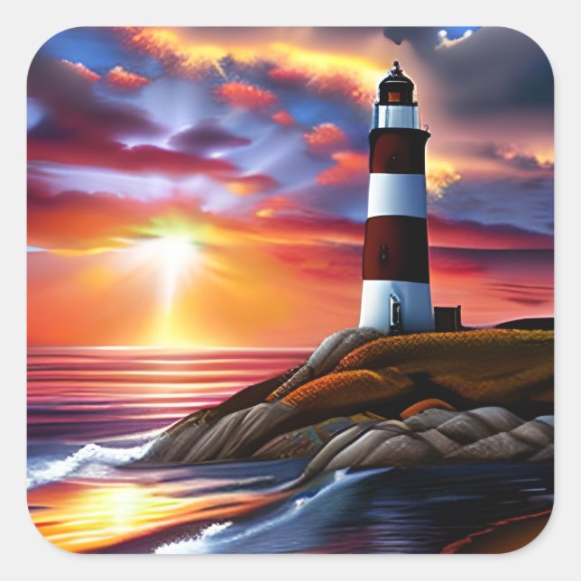 Sticker Carré Beau coucher de soleil et phare d'océan (Devant)