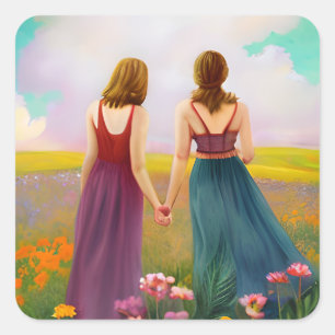 Sticker Carré Beau couple lesbien dans le domaine des fleurs