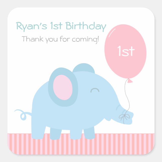 Sticker Carré Beau éléphant bleu bébé avec un ballon rose (Devant)
