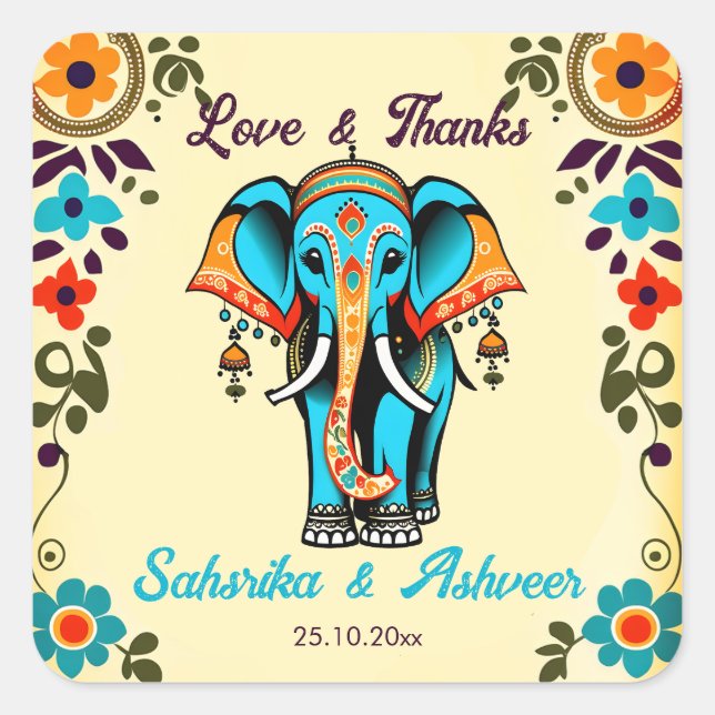 Sticker Carré Beau éléphant mariage indien merci pour votre fave (Devant)