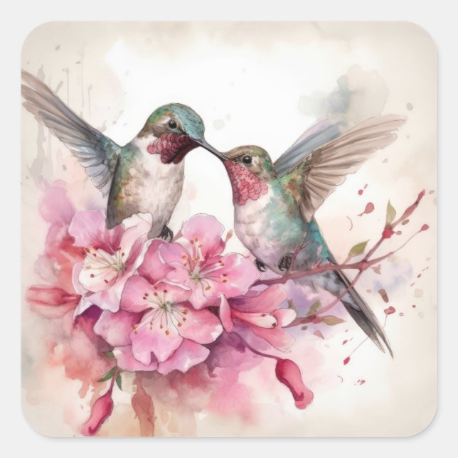 Sticker Carré Beau Humming Oiseaux et Fleurs (Devant)