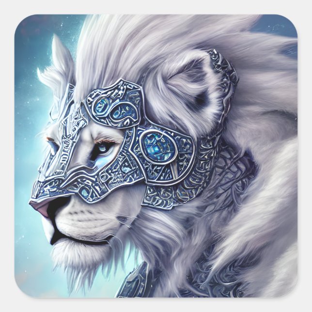 Sticker Carré Beau Lion de Guerrier Blancs (Devant)