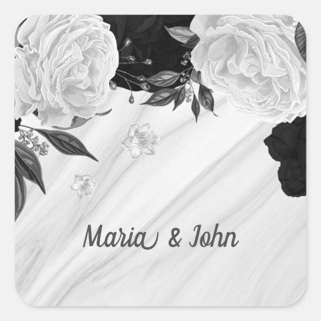 Sticker Carré Beau marbre noir & blanc fleurs (Devant)