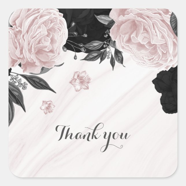 Sticker Carré Beau marbre noir & rose fleurs (Devant)