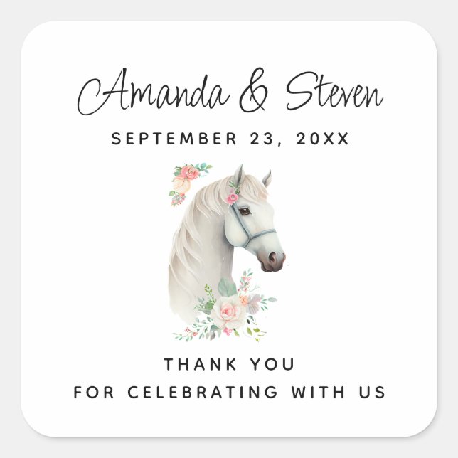 Sticker Carré Beau Mariage Floral Boho Cheval Blanc (Devant)