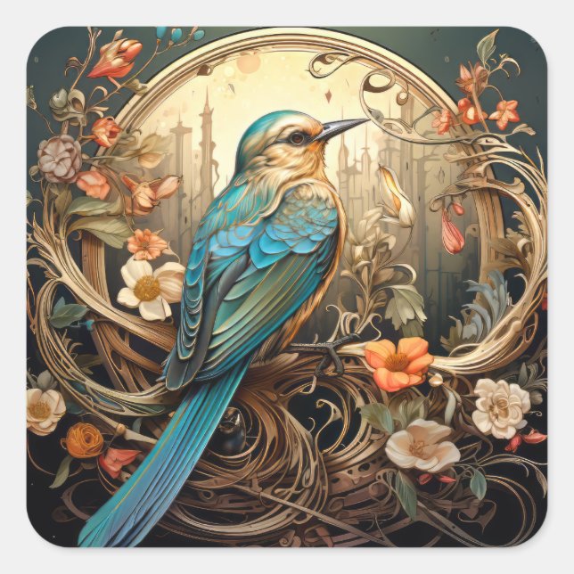Sticker Carré Beau Oiseau Art Nouveau (Devant)